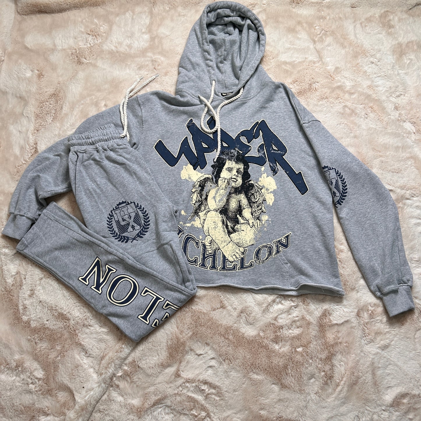 Gray & Navy Blue Vintage Angels Hoodie